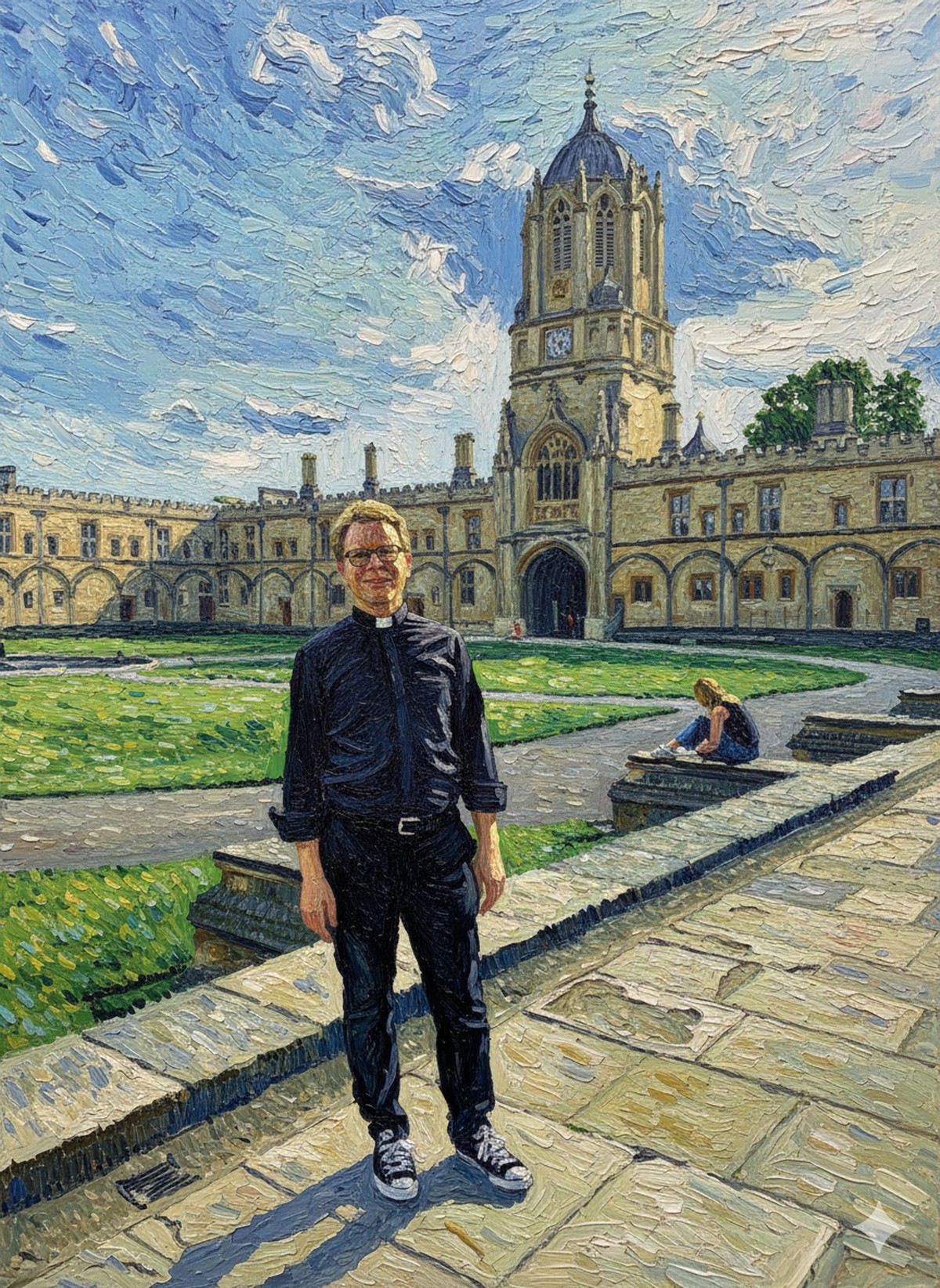 A painted portrait of the author in Tom Quad, Christ Church, Oxford, in the manner of Van Gogh.